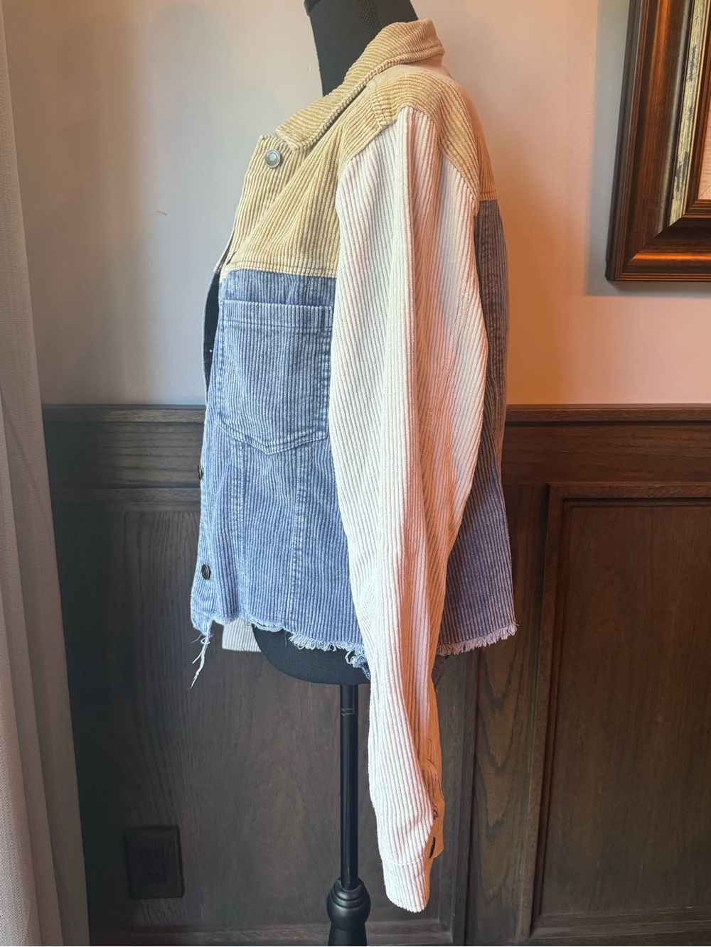 Oli & Hali Corduroy Colorblock Button-Front Jacket - Blue/Tan small - Picture 2 of 7